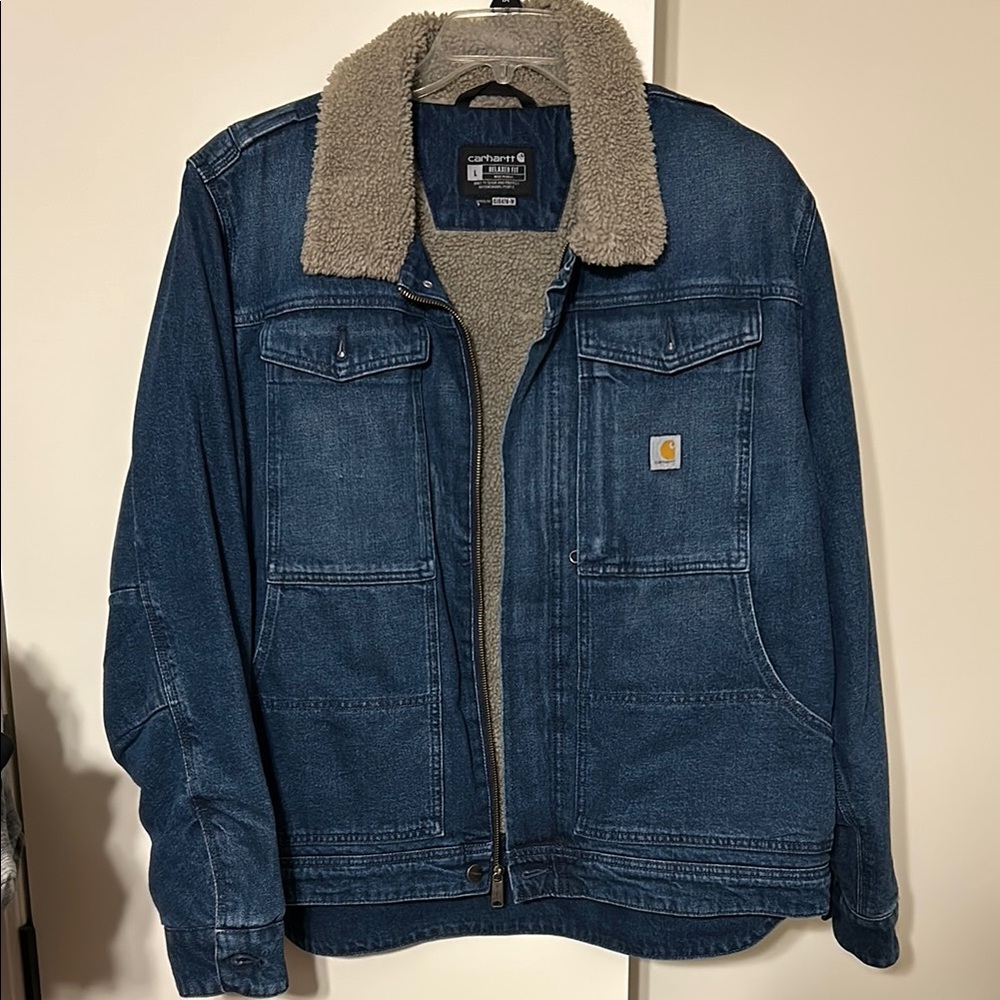 Carhartt Blue Denim Jacket with Tan Collar